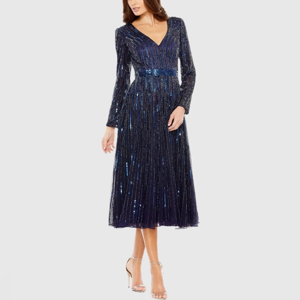 NWT Mac Duggal Navy Embellished Long Sleeve Tea Length Dress 5528 Size 8